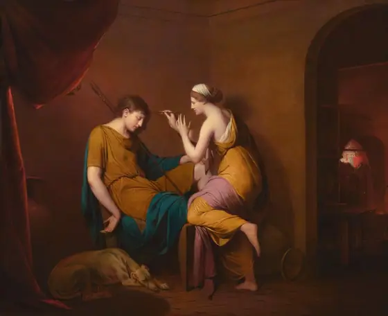 A woman leans forward to trace the shadow cast by a sleeping young man on a wall in a dimly lit room in this horizontal painting. Both people have smooth, pale skin, long, straight noses, thin lips, and brown hair.