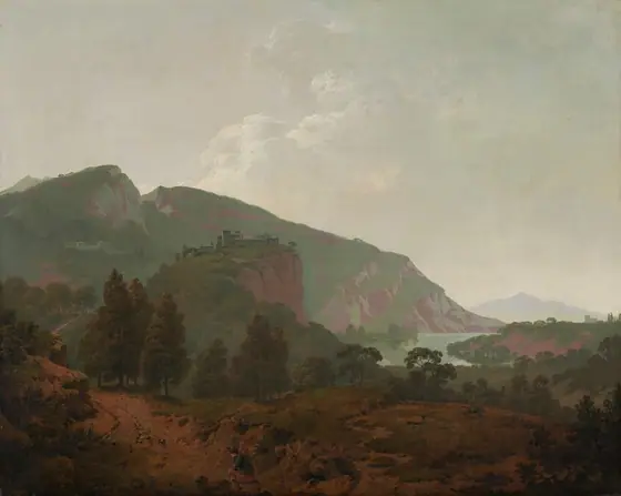 Mountains painted in tones of sage and mint green and mauve purple are backlit against a hazy sky in this expansive, nearly square landscape painting.