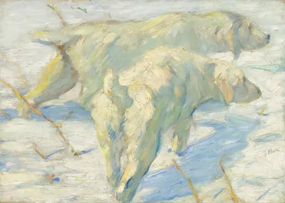 Two creamy-white, long-haired dogs facing our right in a snowy field fill this horizontal painting. The scene is painted with visible, textured strokes in shades of white and ice blue. The dogs have floppy ears and long muzzles.