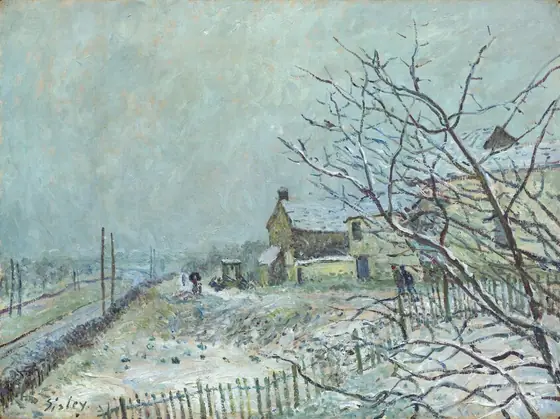 An ice- and powder-blue sky swirled with faint peach takes up the top two-thirds of this landscape painting.