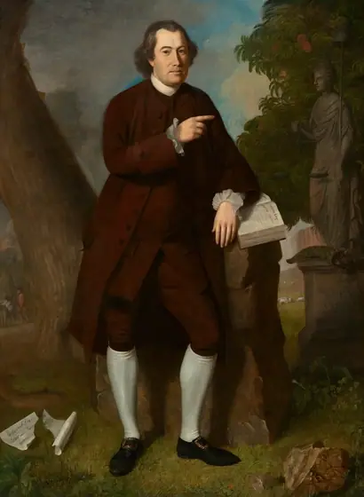 A middle-aged, light-skinned man stands facing and looking at us, leaning on one arm propped on a tall rock in a landscape in this vertical portrait painting. The man looks out with dark blue eyes under curved black brows.