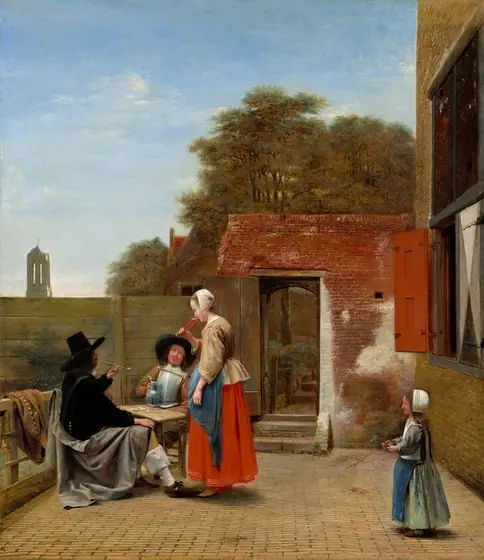 A woman stands drinking from a tall glass as two men sit at a table in a courtyard enclosed by wood paneling and brick buildings in this vertical painting. The people all have pale, peachy skin.