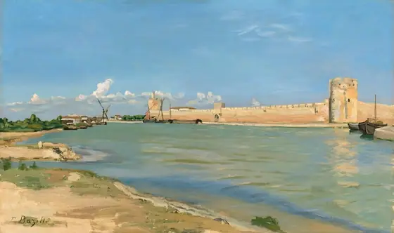 From a sandy beach, we look across a sun-drenched body of water enclosed by a long, sand-colored, crenelated wall in this horizontal landscape painting.