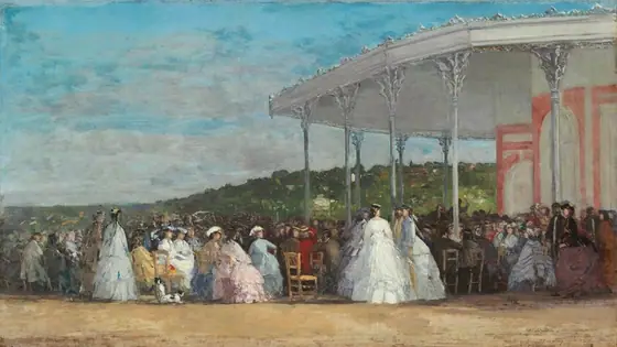 This is a painting depicting a social gathering under a large pavilion outdoors. The background shows a green, hilly landscape with hints of brown and white buildings in the distance, under a sky of soft blues with wispy gray clouds.