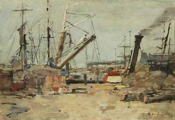 The painting depicts a busy harbor scene with ships and masts rising into the blue-gray sky. The brushstrokes are loose and impressionistic, in shades of soft grey, brown, and blue, with some pops of red and yellow from indistinct objects.