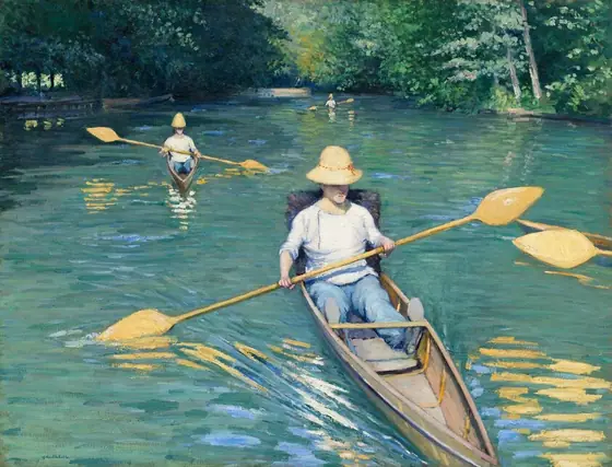 We look slightly down onto the surface of a river in which three narrow canoes, each paddled by a single person, are being rowed toward us in this horizontal landscape painting.