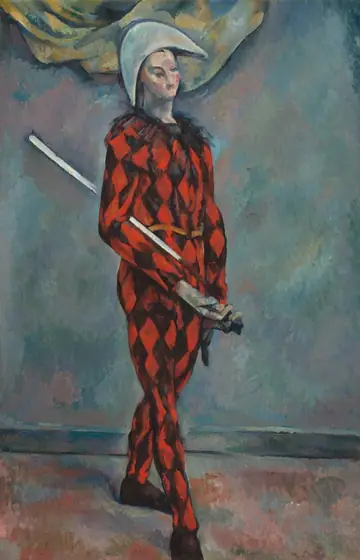 A cleanshaven man wearing a black and red diamond-patterned costume and holding a white wooden sword tucked under one arm stands in a room with a blue background in this vertical painting.
