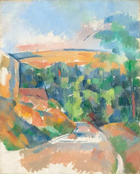 A road or path curves away from us, past a tall formation, perhaps rocks, to our left, and into a valley filled with trees and a low hill beyond in this stylized, vertical landscape.