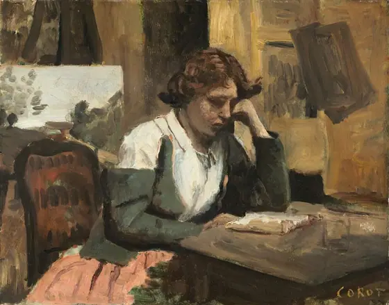 A pale-skinned woman sits at a table leaning over an open book in a brightly lit room in this loosely painted, horizontal scene.