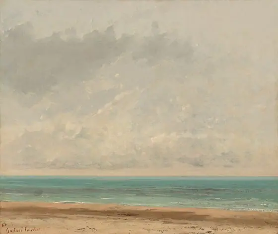 A narrow strip of beach and then a vivid turquoise stretch of water give way to a towering, hazy sky in this square landscape painting.