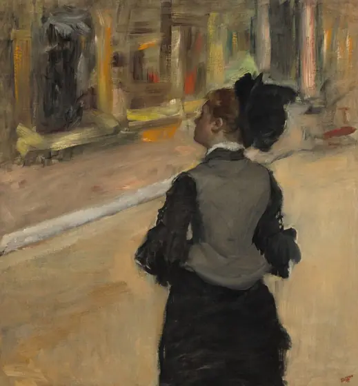 Shown from about the hips up, a woman whose pale face is deep in shadow stands with her back to us, wearing a black and gray dress and hat, in front of a colorful but loosely painted, indistinct background in this nearly square painting.