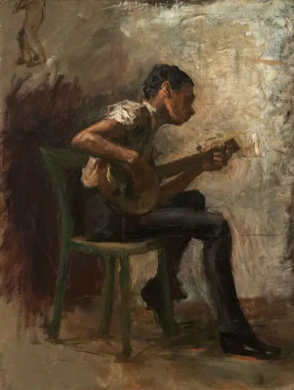 A young, gangly, brown-skinned boy sits on a green chair and leans over the banjo he plays in this loosely painted, vertical composition. His body faces our right in profile, and his head leans to his left and away from us.