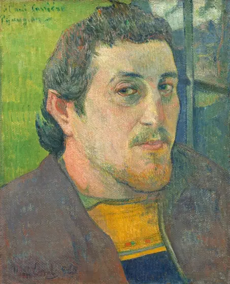 Painted in muted lime green, plum purple, buttercup yellow, slate and royal blue, the head and shoulders of a man with peach-colored skin sitting in front of a window looks at us in this stylized, vertical portrait.