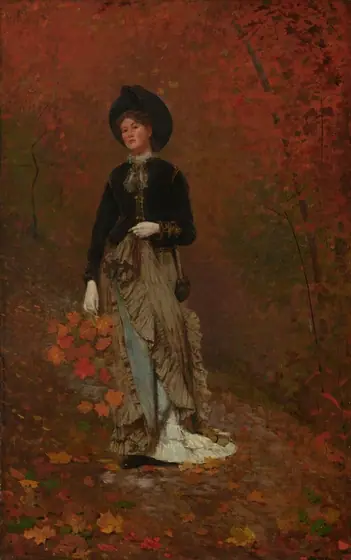 A woman with smooth, pale skin and wearing a hat, long dress, and gloves, stands holding a bunch of pumpkin-orange leaves against a background of trees painted with touches of rust orange and pine green in this vertical painting.
