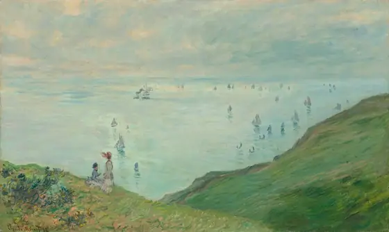 From a high perspective, we look beyond two overlapping, emerald-green hills to a body of powder-blue water dotted with sailboats in this loosely painted horizontal landscape.