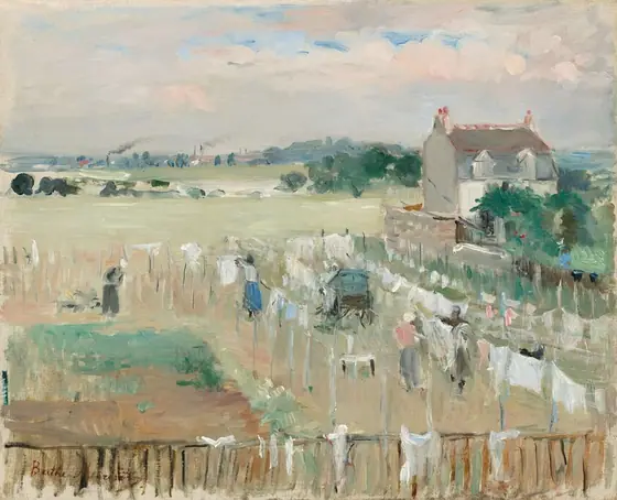 We look down onto a landscape where several laundry lines have been draped mostly with white sheets or cloth to dry in a flat, grassy yard in front of a rustic house and a distant town in this horizontal painting.