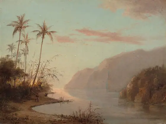 A wide creek winds between a tree-lined bank to our left and hazy mountains to our right in this horizontal landscape painting. The riverbank curves deeply like a backward capital letter B.