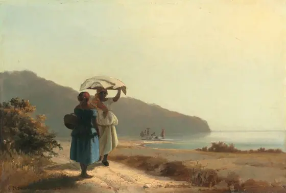 Two dark-skinned women stand facing each other on a dirt path that runs beside a body of water in this horizontal painting. One woman faces us and balances a flat tray loaded with white cloths on her head.