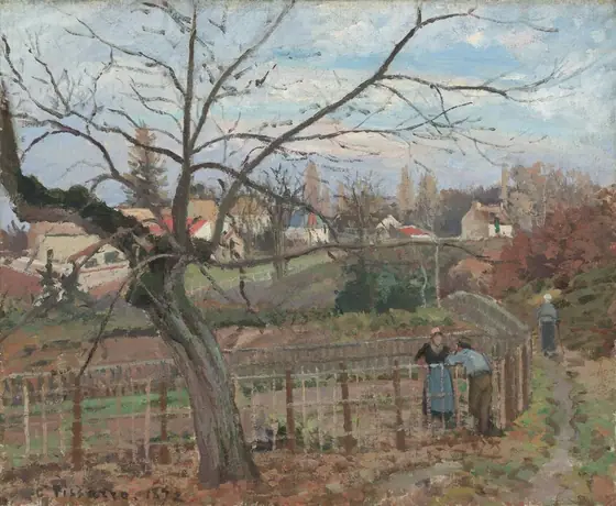We look slightly down onto a bare, gnarled tree near a gray, dirt path, which leads back to a hamlet in this horizontal landscape painting. The scene is loosely painted with visible brushstrokes, so many details are indistinct.