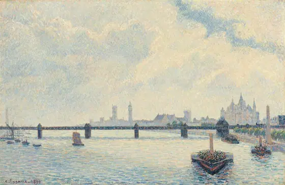 We look across a river at a long, flat bridge that runs parallel to a hazy, city skyline in the distance in this horizontal painting.