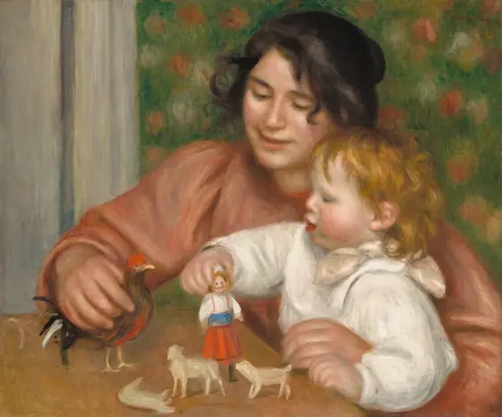 Shown from about the waist up, a woman with pale, peachy skin and dark hair holds a blond, light-skinned child on her lap at a table as they play with several small toys in this horizontal painting.