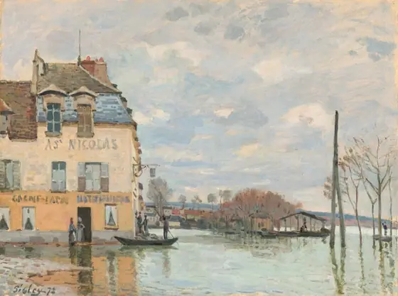 Clouds hunker over a water-logged street that separates us from the end of a row of buildings in this horizontal painting. The scene is loosely painted, especially in the sky and water.