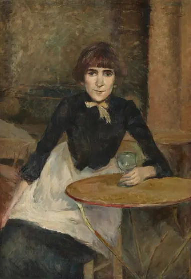This painting shows a woman sitting at a round table. She has fair skin, sharp cheekbones, thick eyebrows, and pale lips with one side of her mouth raised in a partial smile. She has short brown hair with bangs across her forehead.