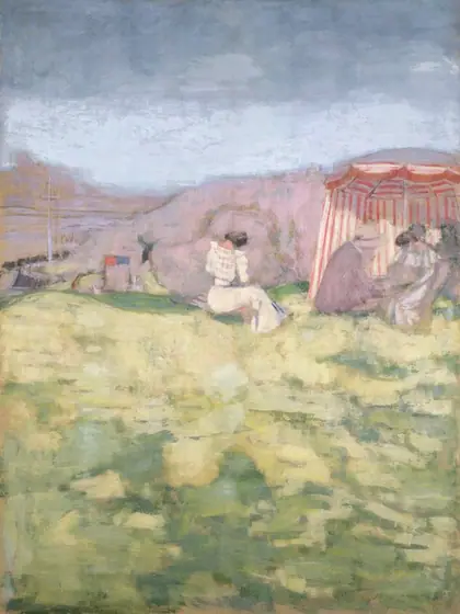 This painting shows a grassy landscape from a slightly elevated angle. The horizon is high in the composition, with faint pink-and-yellow mountains or hills under a muted gray-blue sky. Closest to us, light greens and yellows suggest grass.