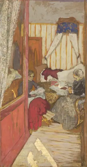 This painting shows two women seated on yellow-gold chairs in a room. The woman on the left appears young, with short brown hair and light skin.