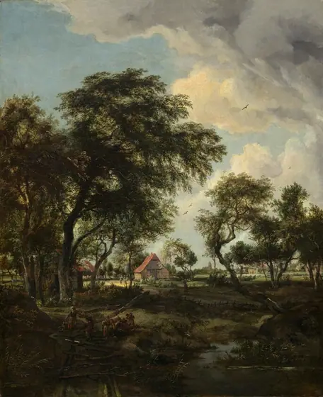 We look across a stream and through a loose screen of shadowy trees at a sunlit farm under a powder-blue sky with towering, puffy clouds in this vertical landscape painting.