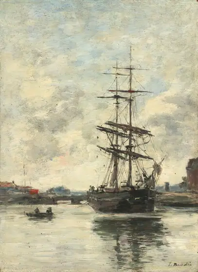 This painting depicts a scene overlooking a calm body of water. A large sailing ship with two tall masts and a dark hull is anchored on the water, its sails tied up. On the left, there are two people in a small, dark rowboat.
