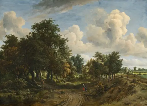 A rutted, dirt road curves from the bottom center of the canvas toward and behind a grove of tall trees to our left, beneath a pale blue sky with fluffy white clouds that fills the top two-thirds of this horizontal landscape painting.