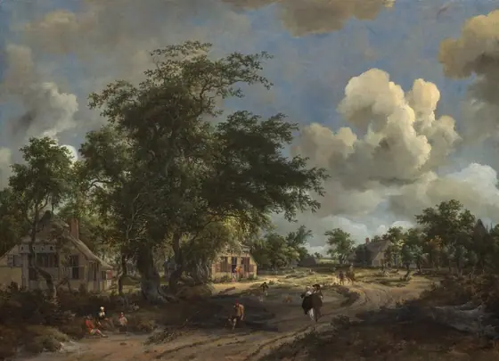 Several people sit, stand, or stroll along a dirt road that winds from the lower left corner of this horizontal landscape painting into the distance, past trees and cottages under a vivid blue sky.