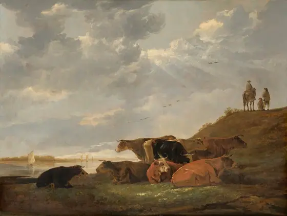 Eight cows bathed in warm sunlight stand and lie on a riverbank carpeted in mossy green in this horizontal painting. The cows are amber, ginger, or tawny brown, bone white, or black, and all have short, curving horns.
