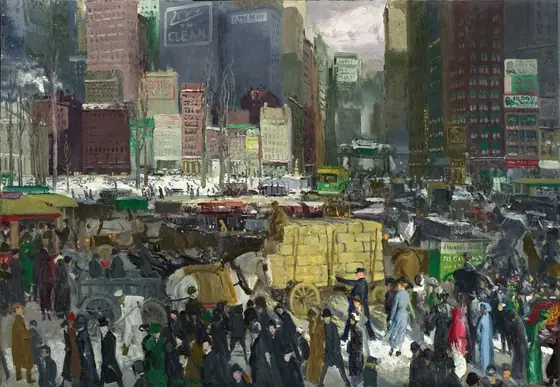 We look slightly down onto a crush of pedestrians, horse-drawn carriages, wagons, and streetcars enclosed by a row of densely spaced buildings and skyscrapers opposite us in this horizontal painting.