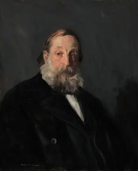 This painting is a portrait of a man shown from the chest up, with his body partially turned to the right and his head facing us, the right side of his face in shadow.