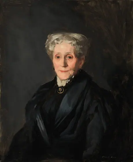 The painting is of an older woman from the waist up, her body slightly turned to the left and her head facing us. She has pale skin with soft lines, rosy cheeks, deep-set eyes, thin eyebrows, and thin red lips in a neutral expression.