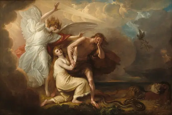 In the left half of this horizonal painting, a winged angel gestures with arms raised over a man and woman being forced away from a bank of clouds set against a flat and barren landscape. The angel, man, and woman all have pale skin.
