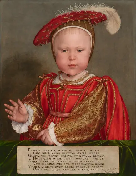 Shown from the waist up, a pale-skinned, round-cheeked young boy wears a brocade red and gold garment and hat in this vertical portrait painting.