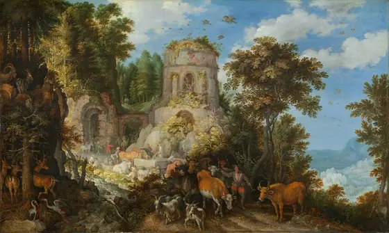 Livestock, woodland animals, and about a dozen people cluster in groups throughout a densely wooded landscape with rocky outcroppings and the ruins of a round structure in this horizontal painting. The people all appear to have light skin.