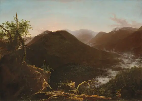 Hulking mountains are mostly backlit against a watery blue sky edged with shell pink along the horizon, which comes about two-thirds of the way up this horizontal landscape painting.