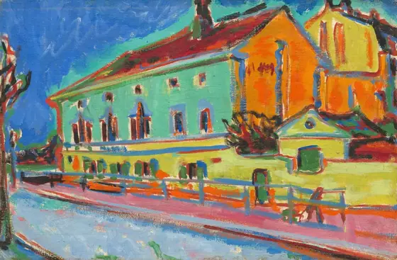 In saturated, vivid tones of mint green, marigold orange, dandelion yellow, sky blue, and rose pink, a long building stretches away from us along a walkway.