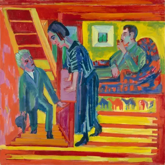 This painting depicts three individuals in a colorful interior. A man on the left is standing on steps that are coming up from below. He wears a green suit with a white shirt underneath it and holds a hat.