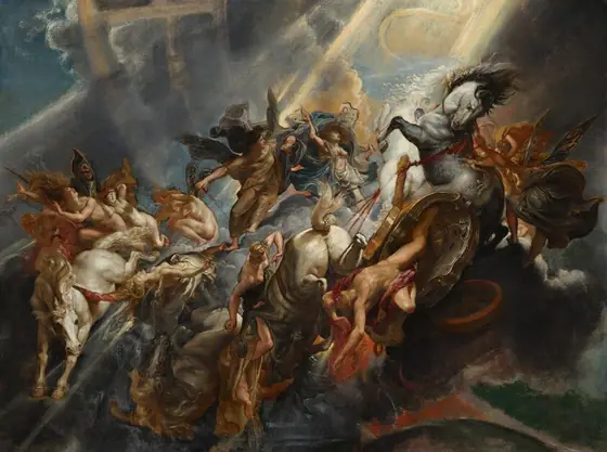 From high above the earth, we look onto a dramatically lit scene with a man falling from a horse-drawn chariot in midair, surrounded by eleven women against a bank of clouds in this horizontal painting.
