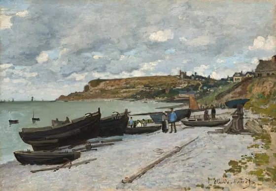We look slightly down onto a silvery-gray beach nestled in a hilly, curving coastline to our right in this horizontal landscape painting. A flat expanse of beach stretches in front of us to meet the water to our left.