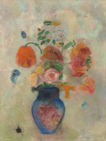 In the center of this painting is a blue vase filled with a variety of flowers in different sizes and colors. The flowers are in shades of orange, pink, yellow, and blue, with green leaves surrounding the blossoms.