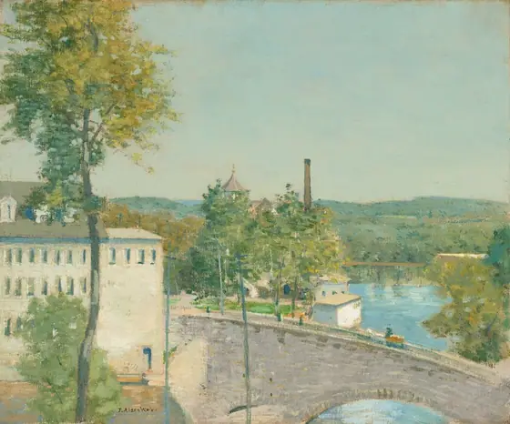 This painting depicts a view from an elevated position. The horizon is in the center of the painting, where the blue sky meets distant green hills.