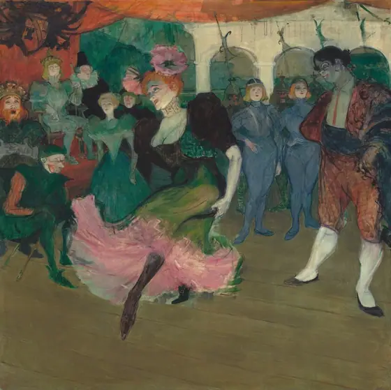 We look slightly down onto a stage, at a woman who dances at the center of this square painting. The pale, white skin on her face is tinged with slate-blue shadows and heightened noticeably with pink blush at the cheekbones.