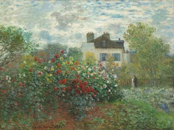 A bank of flowering bushes, possibly roses, fills most of an enclosed garden in front of a white house in this horizontal landscape painting.