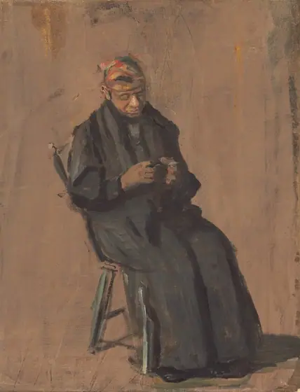 This painting shows a person seated on a stool or chair, wearing a long, dark-blue robe or gown.